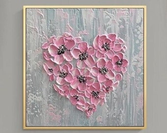 Original Pink Flower Heart Handpainted Oil Painting,Flower Artwork,Personalized Romantic Gifts Floral Heart Impasto Palette Knife