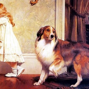 A Special Pleader 1893 Charles Burton Barber hand painted oil reproduction collie dog little girl child room decor kids gift