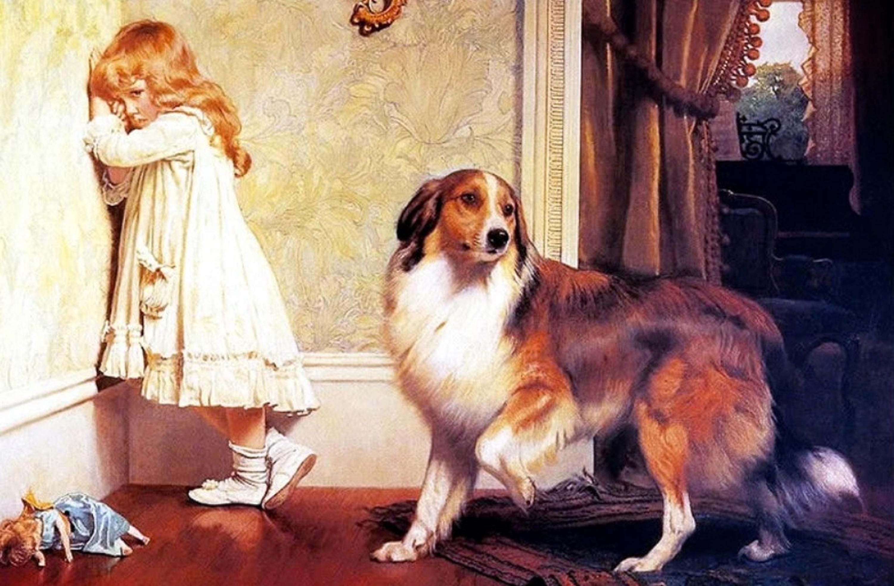 A Special Pleader 1893 Charles Burton Barber hand painted oil reproduction collie dog little girl child room decor kids gift