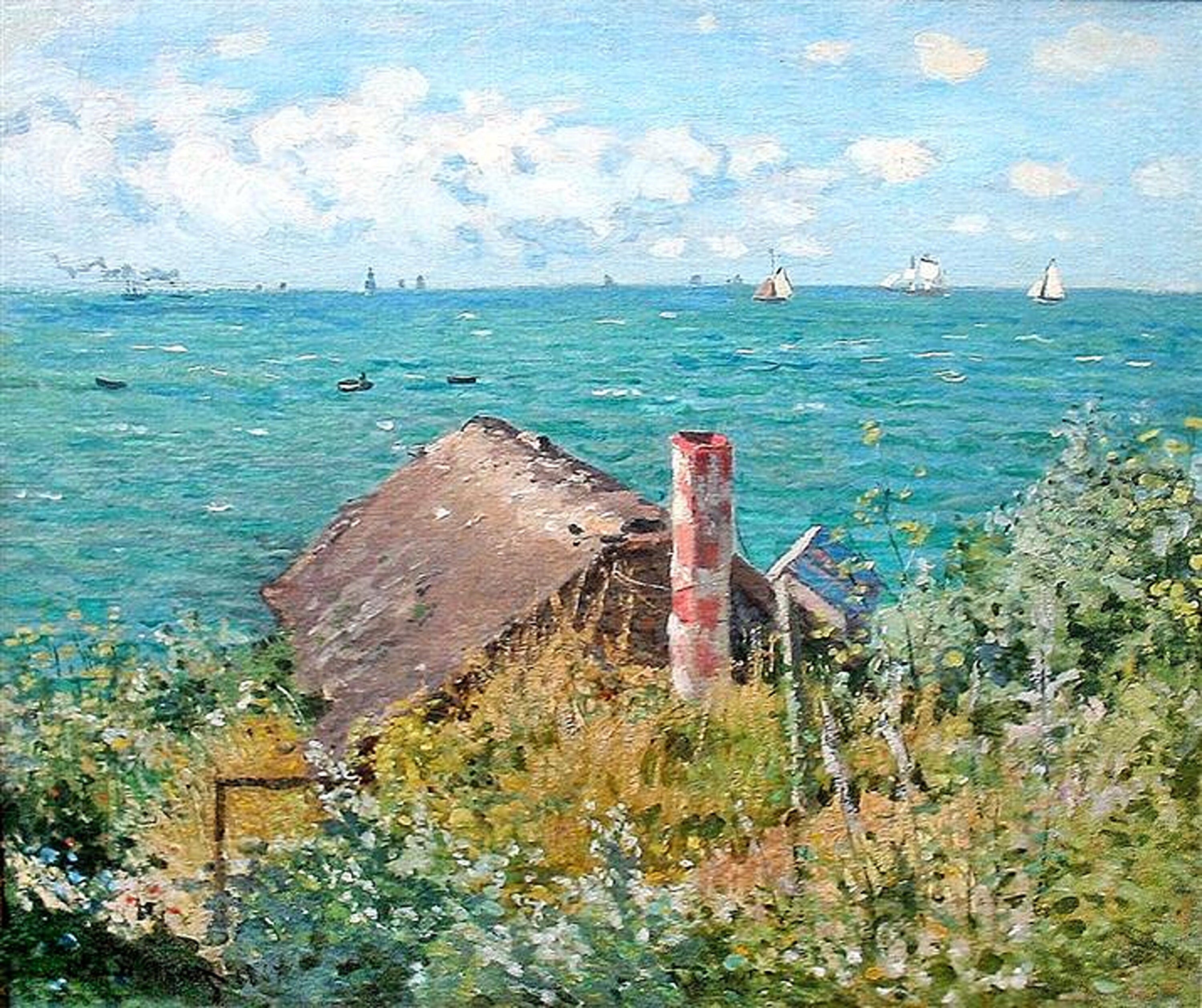 Claude Monet The Cabin at Saint-Adresse Museum Quality Hand Painted oil reproduction shimmering waters of English Channel personalized gifts