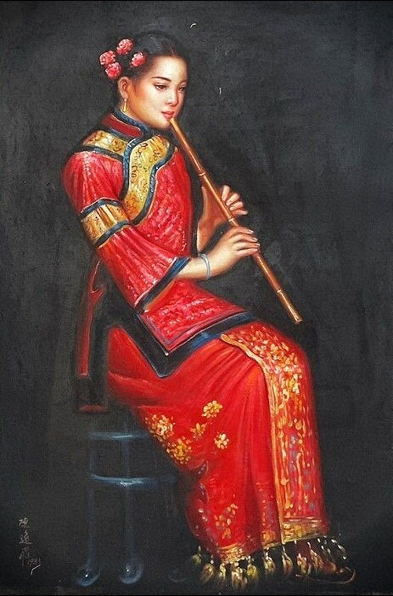 Chen Yifei - the Girl Who Plays the Flute Hand-painted Oil