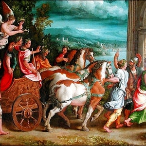 May include: A classical painting depicts a procession with figures in Roman attire. A chariot pulled by horses carries several people, with an angel overhead. The scene is set against a backdrop of a landscape and architectural elements.