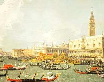May include: An antique painting depicts a Venetian canal scene with numerous gondolas and figures. The artwork showcases a detailed view of the city's architecture, including a tall bell tower and ornate buildings, with a soft, warm color palette.