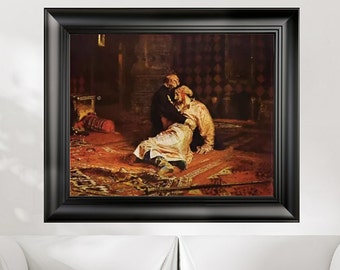 May include: A painting depicting a scene of a man in a white robe being helped up by another man in a dark robe. The scene is set in a room with a red and gold patterned rug and a dark wooden chest in the background.
