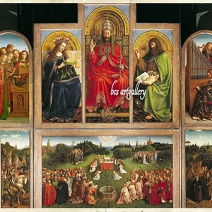 May include: A painting depicting a religious scene with multiple figures. The central panel shows a seated figure in red robes with a crown, flanked by two figures holding books. The lower panel shows a large gathering of people in a green field.