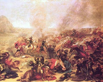 May include: An oil painting depicting a chaotic battle scene with numerous figures on horseback and on foot. The artwork features a warm color palette with reds, browns, and yellows, conveying a sense of conflict and movement. Smoke and dust fill the background.