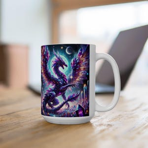 Mug, mystical art crystal healing fantasy design - amethyst dragon, 11oz, 15oz ceramic cup, magical coffee tea cup, unique gift for fantasy