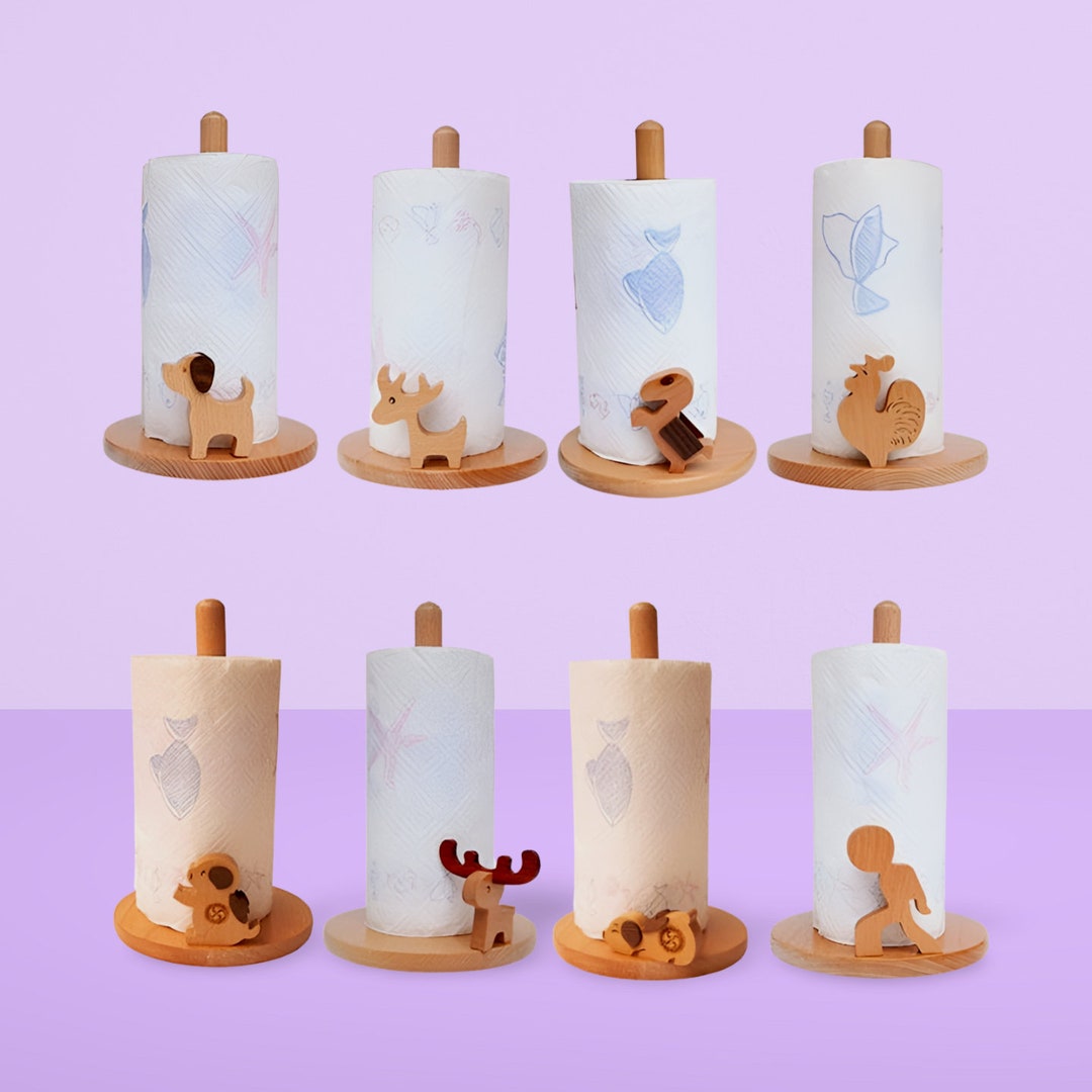 Woodenbeechwood Kitchen Paper Towel Holder With Adorable Animal Stands