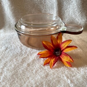 May include: A clear glass casserole dish with a matching lid and a brown handle. A vibrant orange and yellow flower with a dark center rests beside the dish. The dish is on a white, textured surface.