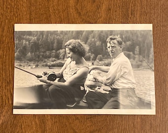 Vintage 1930s Fishing Snapshot Photo - Woman and Man at Lake - Original Black & White Photograph - Vintage Ephemera