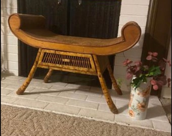 Vintage Egyptian Revival Bamboo and Rattan Bench