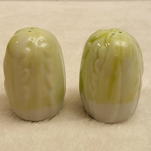 May include: A pair of ceramic salt and pepper shakers. The shakers are light green with white bases and a glossy finish. Each shaker has a rounded shape with a textured design and small holes at the top for dispensing.