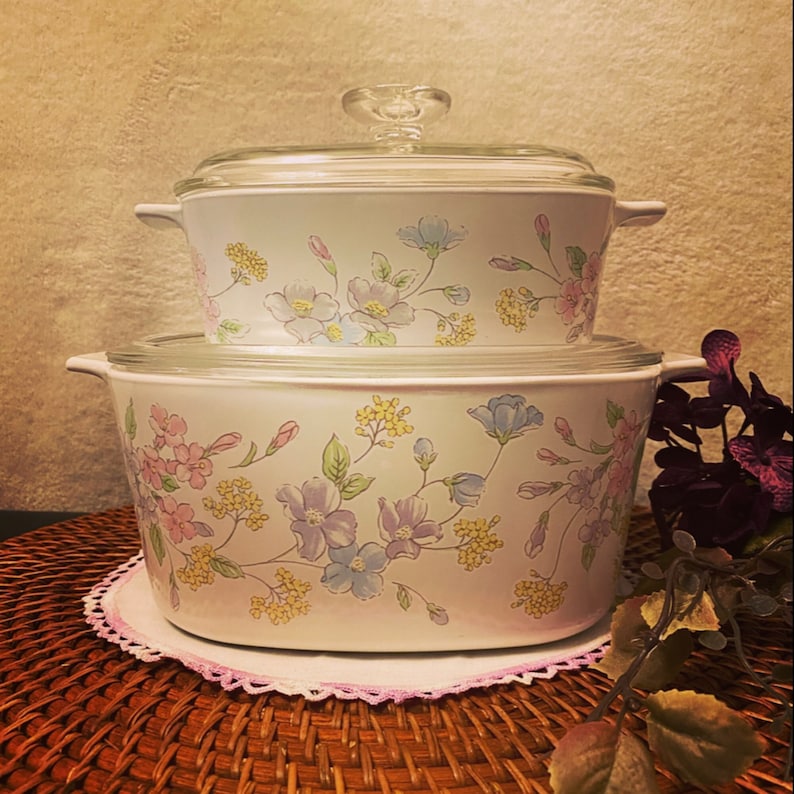 Vintage Corning Ware Pastel Bouquet Flowers Casserole Dishes Set of 2