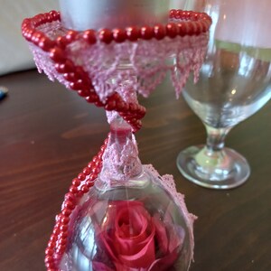 Rose wine glass, candlesticks/candle/unique glassware included, rose terrarium, pearl necklace, pretty lace,