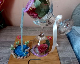 Magic cups, floating cups, cascade waterfall, unique glassware, glass decor,      Waterfall in a wine glass, garden pond