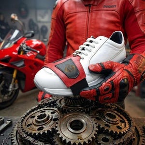 Puede incluir: Zapatilla de moto de cuero blanco con detalles rojos y una correa negra. La zapatilla se sostiene sobre una colección de engranajes y cadenas, con una moto roja al fondo.