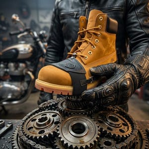 Może przedstawiać: Brązowy but roboczy z czarną osłoną ochronną jest trzymany nad kolekcją kół zębatych i łańcuchów. But ma brązową podeszwę i złote oczka. Osoba trzymająca but ma na sobie czarną skórzaną kurtkę i rękawice. W tle motocykl.