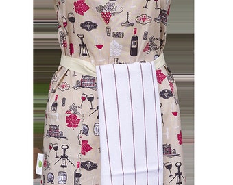 Adult apron in 100% coated cotton with 3.5 meter sliding cords delivered with its tea towel