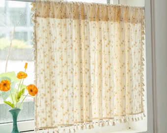 Beige Tassel Curtains | Vintage Cafe Curtains | Custom Kitchen Window Decor