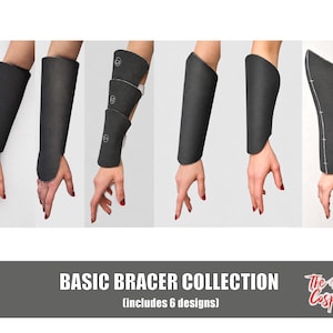 Può includere: Una collezione di sei modelli di bracciali neri mostrati sugli avambracci. Il set include varie forme e lunghezze, con un design caratterizzato da tre segmenti sovrapposti e un altro che mostra linee di cucitura bianche. Testo: BASIC BRACER COLLECTION (includes 6 designs) The Dodo Cosplay.
