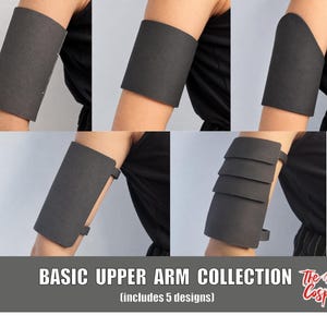 May include: A collection of five black upper arm guards featuring various shapes and layered designs. The text BASIC UPPER ARM COLLECTION (includes 5 designs) and The Dodo Cosplay are printed at the bottom of the image display.