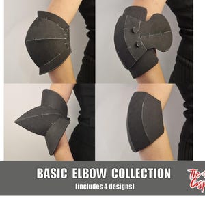 Può includere: Una collezione di quattro gomitiere in schiuma nera, ognuna caratterizzata da linee di costruzione bianche e varie forme geometriche. Il set è etichettato come BASIC ELBOW COLLECTION (includes 4 designs) con il marchio The Dodo Cosplay.