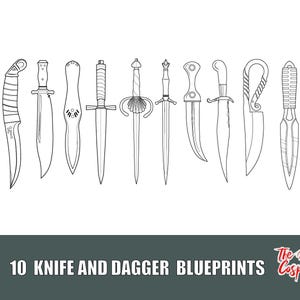 Könnte beinhalten: Ein Satz von 10 Schwarzweiß-Zeichnungen verschiedener Messer und Dolche. Die Zeichnungen sind mit "10 Knife and Dagger Blueprints" und "The Dode Cosplay" beschriftet.