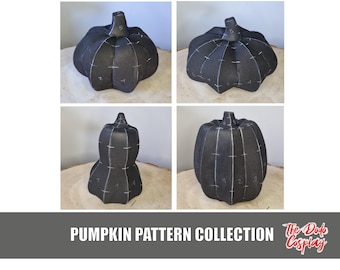 May include: A collection of four images showcasing a black pumpkin pattern. The pumpkins are made of a dark fabric with white stitching lines and numbered sections. The text "PUMPKIN PATTERN COLLECTION" is displayed at the bottom.