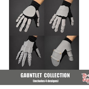 May include: A collection of four black gloves featuring distinct light gray protective plating designs on the back of the hand and fingers. The text GAUNTLET COLLECTION (includes 4 designs) and The Dodo Cosplay are visible at the bottom.