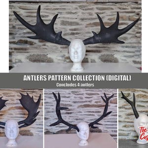May include: A digital pattern collection for creating four different antler designs. The image shows four sets of antlers, each on a mannequin head, against a brick wall background. The text "ANTLERS PATTERN COLLECTION (DIGITAL)" and "Concludes 4 antlers" is visible at the top of the image.