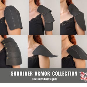 Puede incluir: Una colección de seis diseños de armadura de hombro gris oscuro, cada uno con formas distintas y segmentos en capas. La imagen muestra varias hombreras con costuras visibles y remaches metálicos, etiquetada como SHOULDER ARMOR COLLECTION (includes 6 designs) by The Dodo Cosplay.