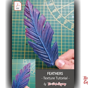 May include: A close-up of a purple and blue feather with a textured surface. The feather is being held by a hand. The image is titled "FEATHERS - Texture Tutorial - by The Dodo Cosplay".