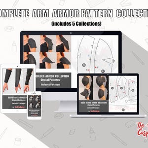 May include: A digital collection of arm armour patterns displayed on a desktop monitor, a tablet, and a smartphone. The screens show various shoulder, bracer, and elbow armour designs with technical diagrams, labels, and the text Complete Arm Armour Pattern Collection.
