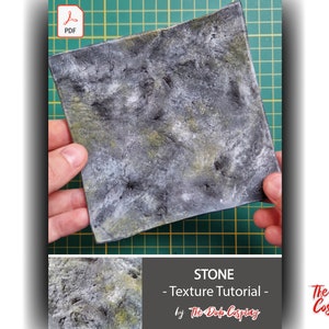 May include: A close-up of a textured, gray, and green stone surface. The surface is being held by a person's hands. The image is labeled "STONE - Texture Tutorial - by The Dodo Cosplay".