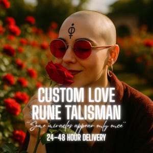 Könnte beinhalten: Eine Person mit rot getönten Gläsern und goldenen Creolen hält eine rote Rose vor einem Feld roter Rosen. Der Text auf dem Bild lautet "CUSTOM LOVE RUNE TALISMAN" und "Some miracles appear only once."
