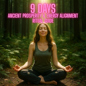 Könnte beinhalten: Eine Frau in einem grauen Tanktop und dunklen Hosen meditiert in einem Wald. Der Text "9 DAYS ANCIENT PROSPERITY & ENERGY ALIGNMENT RITUAL GUIDE" ist in Pink über ihrem Kopf zu sehen. Sie sitzt im Schneidersitz mit geschlossenen Augen.