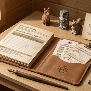 Könnte beinhalten: Ein brauner Leder-Organizer mit einem ADHD Impulse Spending Notizblock, einem Saving Jar Anhänger und einem Visual Paycheck Split Anhänger. Ein Schild zeigt NEURO-SPICY FINANCIAL GUIDE: BUNDLE NO. 1. Mit Füllfederhalter, Metallschlüssel und Lavendel.