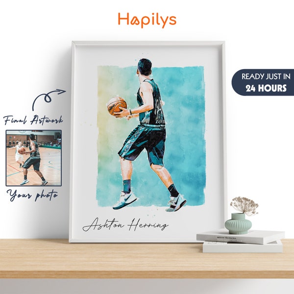 Croquis personnalisé peinture à partir d'une photo, cadeau joueur de basket-ball, fichier numérique d'art sportif, portrait personnalisé, cadeau senior personnalisé 2024