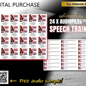 May include: A digital product listing for 24 audio files of speech training. The image features a collage of 24 red and black squares with the text "Hotwife Cuckold Speech Training" and a QR code. The text "extraordinary 24 x Audiofiles (MP3) Speech Training" is in large white letters on a red background.