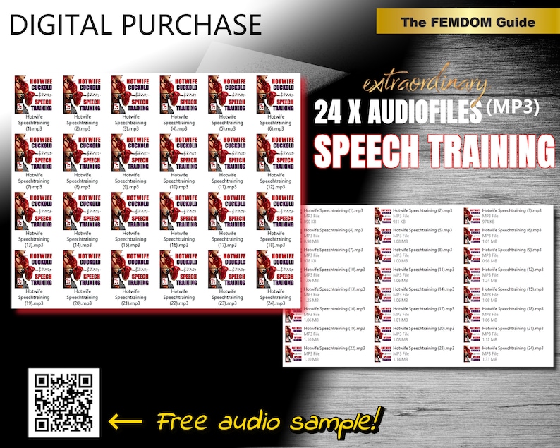 May include: A digital product listing for 24 audio files of speech training. The image features a collage of 24 red and black squares with the text "Hotwife Cuckold Speech Training" and a QR code. The text "extraordinary 24 x Audiofiles (MP3) Speech Training" is in large white letters on a red background.