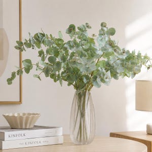 May include: A clear, vertically ribbed glass vase containing several stems of artificial eucalyptus with round, sage-green leaves. The vase is positioned on a light-colored surface next to two stacked books labeled KINFOLK and a scalloped bowl.