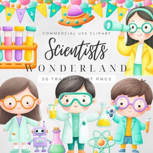May include: A digital illustration featuring the text "Scientists Wonderland" with cartoon scientists, lab equipment, and a banner. The scientists are wearing lab coats and glasses, holding beakers and test tubes. A purple robot and a spaceship are also included.