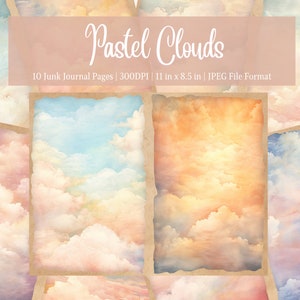 May include: Ten digital paper pages featuring watercolor illustrations of pastel colored clouds. The pages are 11 inches by 8.5 inches and 300 DPI.