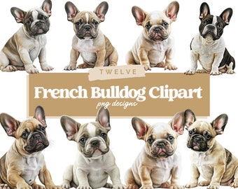 May include: Twelve digital illustrations of French Bulldogs in various poses. The dogs are depicted in a realistic style with soft, muted colors. The illustrations are perfect for creating digital or printed products.