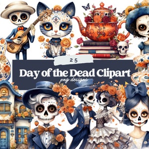 PNG aquarel schattige dag van de dode clipart, Día de Los Muertos illustratie illustraties, Mexicaanse Halloween png, suiker schedel sublimatie