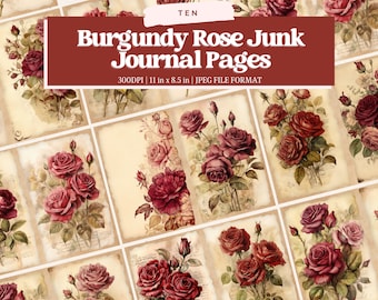 Burgundy Rose Junk Journal Pages, Vintage Rose Junk Journal Kit, Junk Journal Printable Paper, Digital Collage Sheet, Instant Download