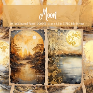 May include: Ten digital printable pages featuring watercolour illustrations of a full moon over a lake and forest. The pages are 11 inches by 8.5 inches and 300 DPI.