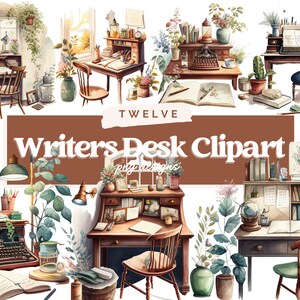 May include: A set of twelve watercolor illustrations of writers' desks with various elements, including books, plants, lamps, and typewriters. The illustrations are in a vintage style and feature a warm color palette.