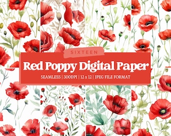 Red Poppy Digital Paper, Poppy Digital Paper, Floral Digital Paper, Seamless Design, Red Poppy Background, Commercial Use, Flower JPG Bundle