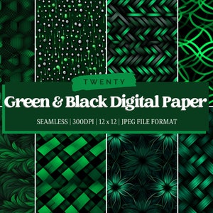 Könnte beinhalten: Ein Set mit 12 digitalen Papieren mit grünen und schwarzen geometrischen Mustern. Die Muster umfassen Sechsecke, Kreise, Wirbel und gewebte Texturen. Die Papiere sind nahtlos und 300 DPI.